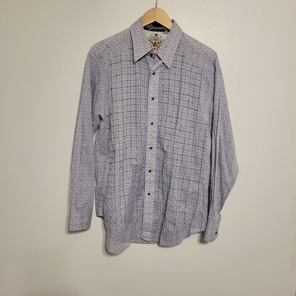 Robert Graham Men's Dress Shirt White/Purple Size Large Geometric Pattern GUC